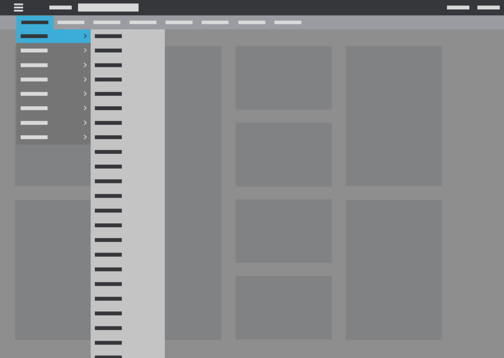 Wireframe of a CMS submenu expanded, showing an example of a long, uncategorized list of menu items.