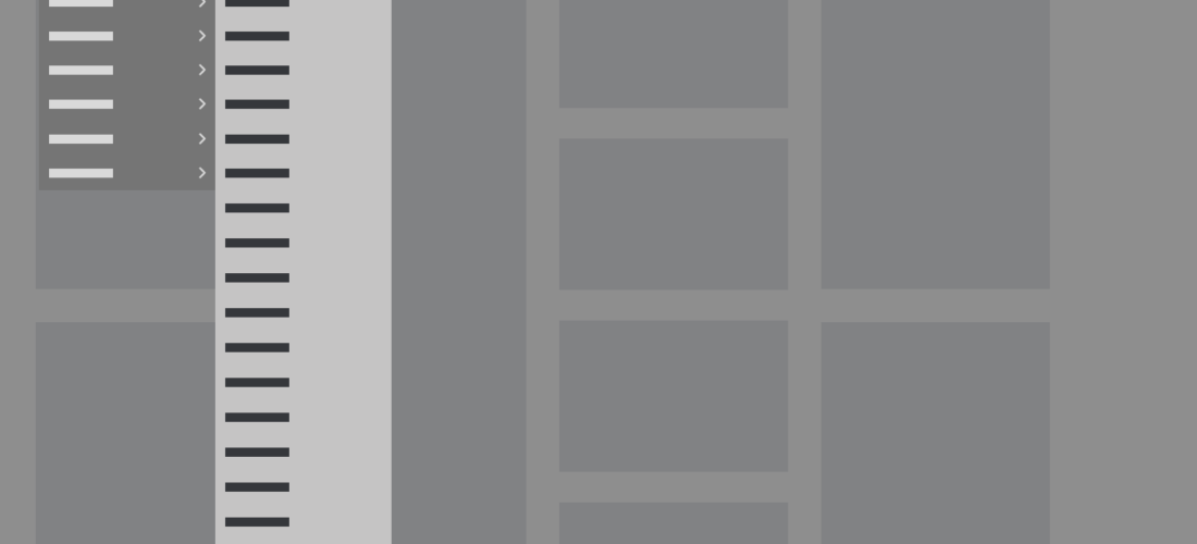 Wireframe of a CMS submenu expanded, showing an example of a long, uncategorized list of menu items.